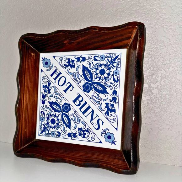 Vintage Blue & White “Hot Buns” Tile Trivet with Wood Frame Kitchen Decor - Picture 4 of 11